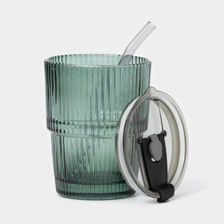 A glass glass with a lid and a pipe "Wine Verde", 350 ml, green color-1