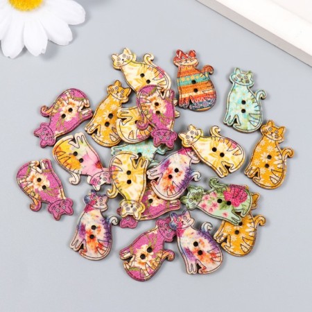 Buttons decorative wood 2 punctures "Bright cats" set 20 pcs 3x1.8 cm