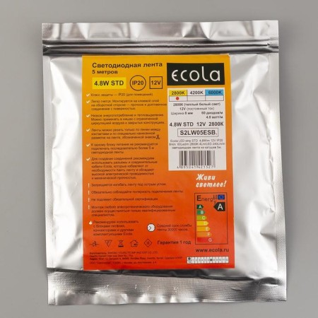 LED strip Ecola StD 5 m, IP20, SMD3528, 60 LED/m, 4.8 W/m, 12 V, 2800K-5