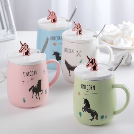 Ceramic mug with a lid and spoon "Golden Horn", 450 ml, color mix-5