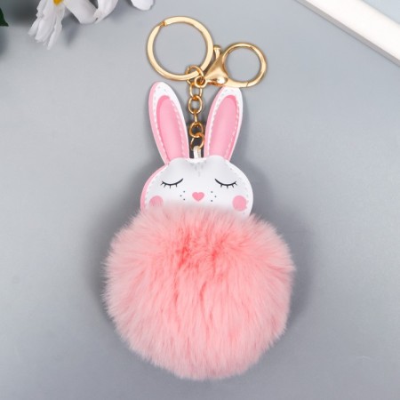 Fluffy on a ring with a carbine "Cute bunny with a blush" d = 8 cm