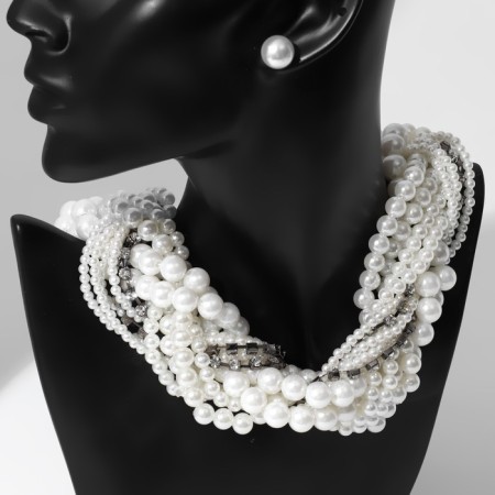 Set 2 objects: earrings, beads "pearl with rhinestones", white color, 40cm