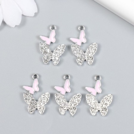 Decor for creativity metal, enamel, rhinestones "Two butterflies" silver, pink 1.4x2.2 cm-2
