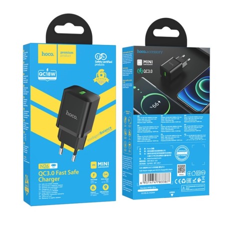 Network charger Hoco N26, 1 USB, 18 W, Qc, Black-3