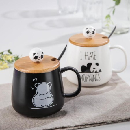 Ceramic mug with a wooden lid and spoon "Panda", 350 ml, color and pattern mix-2