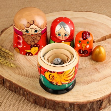 Matryoshka "Ryaba chicken", plot, 5 puppet, 13.5 - 15 cm, mix-11