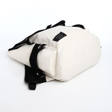 A backpack with a zipper, 5 outer pockets, beige color/black-4