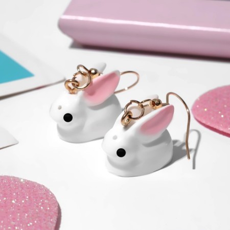 Children's Earrings “Chosen” bunnies, white-pink color in gold