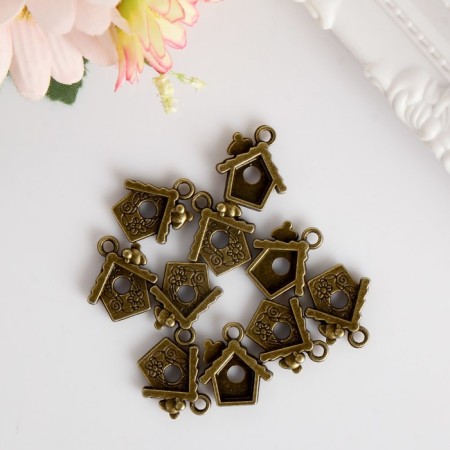 Decor Metal for creativity "House with a bird" under brass (E3917) 1.7x1.5 cm-2