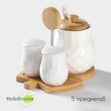 Porcelain set for spices on the Bellatenero bamboo stand, 3 items: Solonka 150 ml, List 150 ml, sugar tower with a spoon of 300 ml, white color