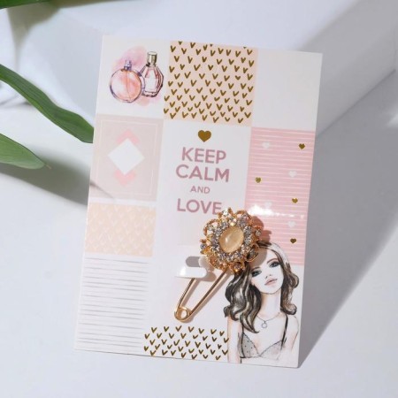 Classic pin with stone, 4 cm, white-beige color in gold-3