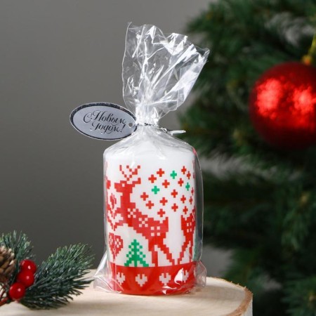 New Year's Candle-Cylinder "Scandinavian patterns. Olenenok", 6x10 cm, 30 hours, 227 g-2