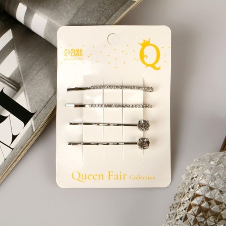 Invisibility for hair "Quarter" (set 4 pcs) Rhinestan path, 5 cm and 5.5 cm, silver-1