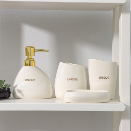 Savanna Stone bathroom accessories set, 4 items (soap dish, soap dispenser, 2 glasses), white color