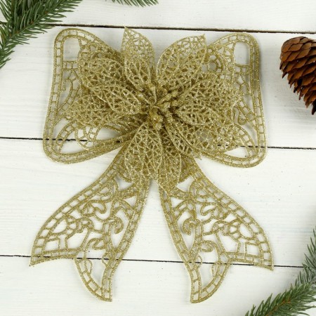 Christmas tree decoration "Bow with flower" 18x12.5 cm, gold