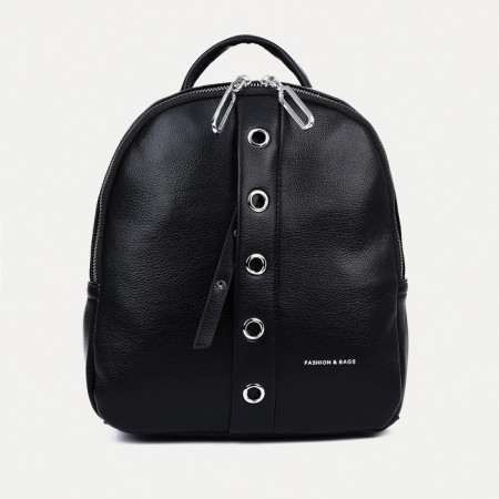 A backpack with a zipper, 4 outer pockets, black color