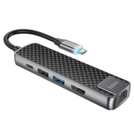 Adapter Hoco HB23, HDMI/USB3.0/USB2.0/RJ45/PD, 60 W, 3 A, cable length 13.5 cm, gray-3