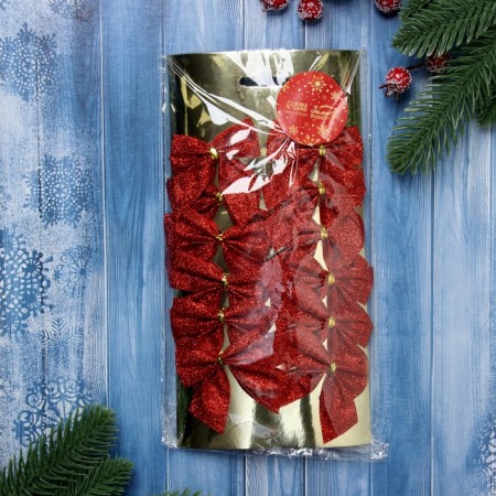 Jewelry decoration "Bow - Shine" (set 12 pcs) 4.5x5.5 cm, red-1