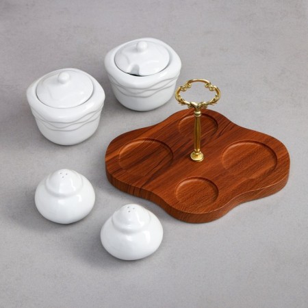 Speech for spices, 5 objects: stand, 2 pots, 2 containers for spices, porcelain, Iran-1
