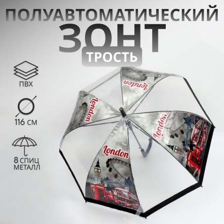 Umbrella - a semiautomatic “city” cane, 8 knitting needles, r = 39 cm, transparent/black color