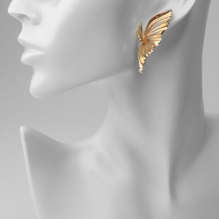 Earrings with rhinestones "bows" wings, white color in gold-3
