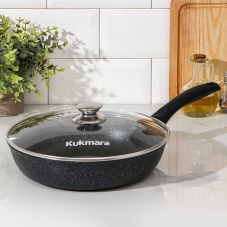 Pan, d = 26 cm, plastic handle, glass cover, anti -stick coating, color dark marble