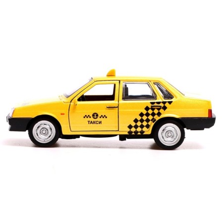 Metal VAZ-21099 “Taxi satellite”, 12 cm, doors and trunk open, yellow color-1
