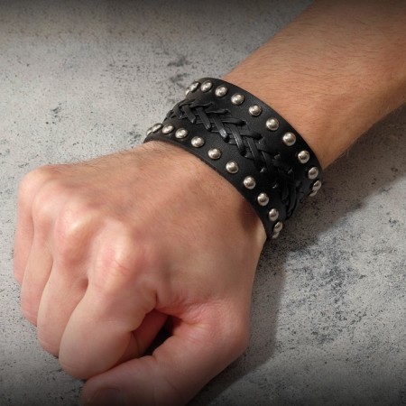 Bracelet skin "minimal" weaving, black color with silver, 23 cm-5