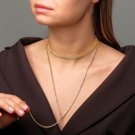 Choker "ice", white color in gold 3 rows, 44.5 cm