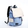 A backpack with a zipper, 5 outer pockets, beige/blue color