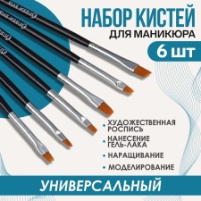 A set of flat brushes for building and design of nails, 6 pcs, 18 cm, silver/black color
