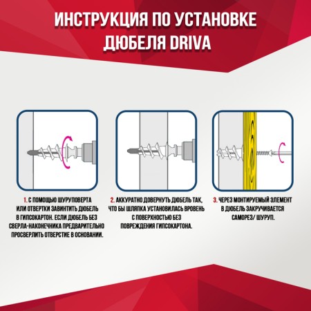 Dowel "Zubble" Driva, for drywall, with installation nozzle for a drill, nylon, 8 pcs-6