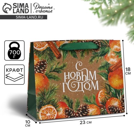 Craft vertical package “Happy New Year”, tangerines, MS 18 x 23 x 10 cm, New Year