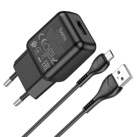 Network charger Hoco C96a, 1 USB, 2.1 A, Micro USB -USB, 1 m, black cable