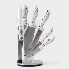 A set of kitchen knives on the stand of the Sparkle shares, 7 objects: 5 knives, musat and scissors