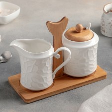 Porcelain Serving Set on a wooden stand of the Krakle shares, 2 items: milkman 170 ml, sugar bowl with a spoon, white color
