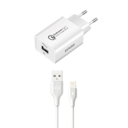 EXPLOYD EX-Z-1362, 1 USB, 3 A, QC 3.0, Lightning, 1 m, white.
