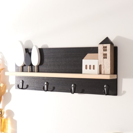Hooks decorative wood with a shelf "houses and trees" black 5x39.5x18 cm-1