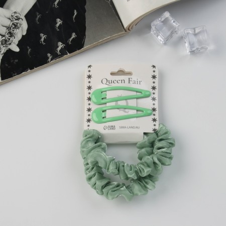 Hair Set "Gloria Shine" (2 elastic bands 5.5 cm, 2 invisibility 5 cm) Green