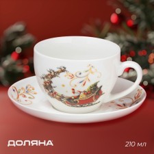 New Year's teaspoon of the share of Santa Claus, 2 items: a cup 210 ml, a saucer d = 15 cm, porcelain, white color