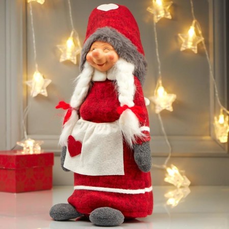 Interior doll "Grandma in a red outfit, with a heart on the apron" 52x12x18 cm-4