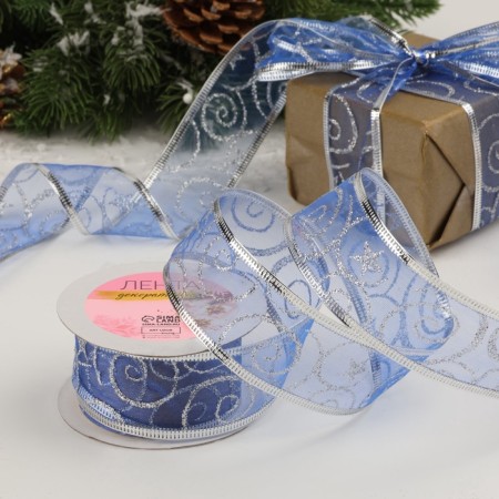 Kapron tape with metal thread "monogram", 38 mm × 2.7 ± 0.5 m, blue/silver color