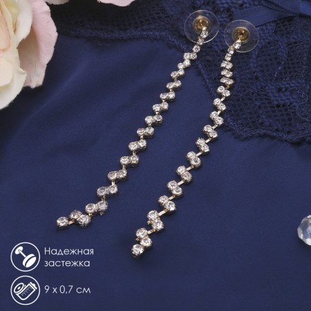 Hanging earrings with Princess rhinestones sophisticated, white color in gold, 9 cm