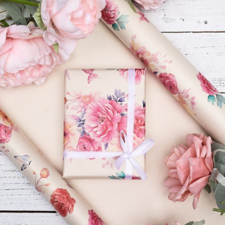 Packaging paper, Kraft white "Flower image", 50 x 70 cm