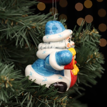 Fir -tree porcelain toy "Santa Claus with a clock", blue fur coat, 8 cm-3