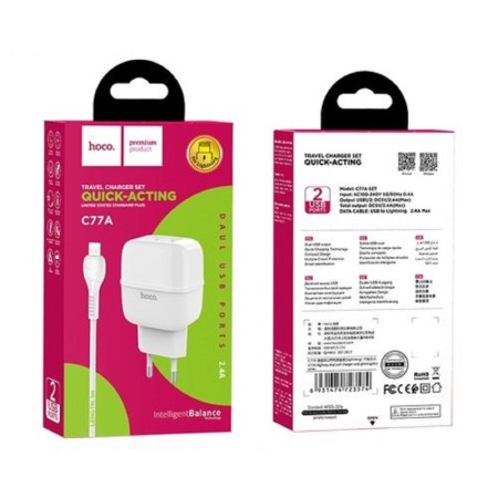 Network charger Hoco C77A, 2xUSB, 2.4 A, Lightning cable, 1 m, white-2