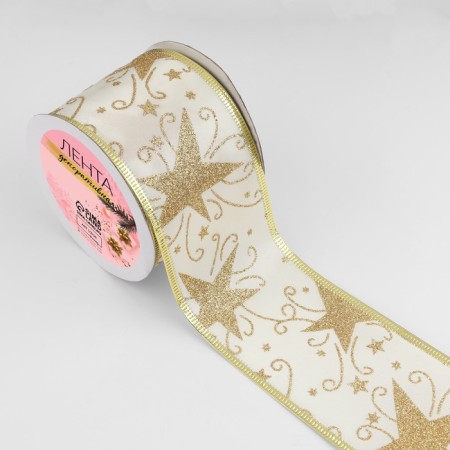 A satin ribbon with a metal thread “Patterns with a star”, 60 mm, 9 ± 0.5 m, white/gold color-2
