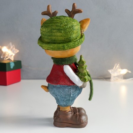 Souvenir Polystone "Olenien in a green hat with a Christmas tree" 8.5x8x18.3 cm-2