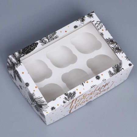 Folding box for 6 cupcakes with the window “Happy New Year!”, 25 x 17 x 10 cm, new year-2