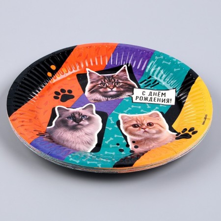 Disposable paper plate "Happy Birthday", cats, 18 cm-2
